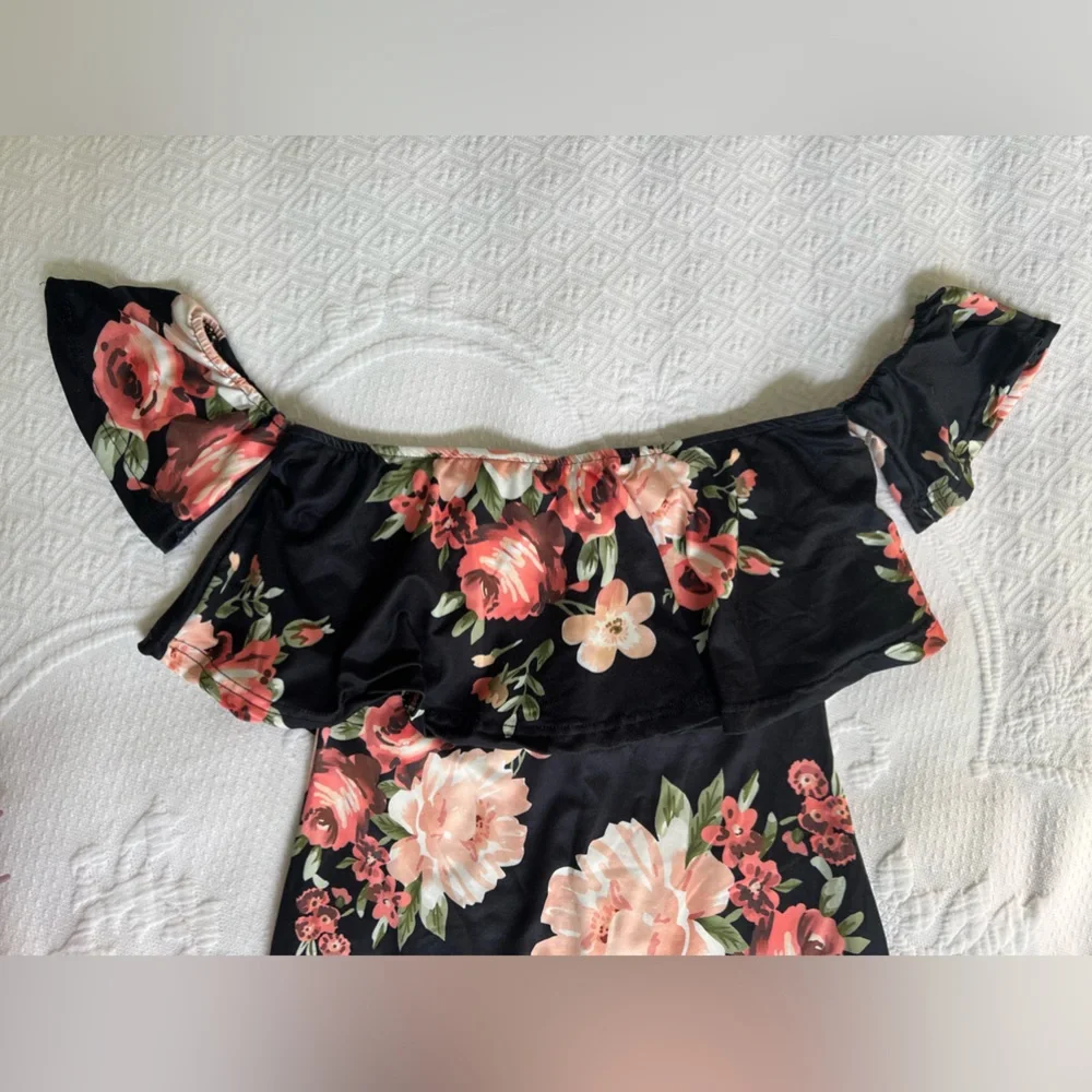 Vintage Off-the-Shoulder Sleeve Dress Black/Rose Floral Women’s Size Small - Picture 4 of 14